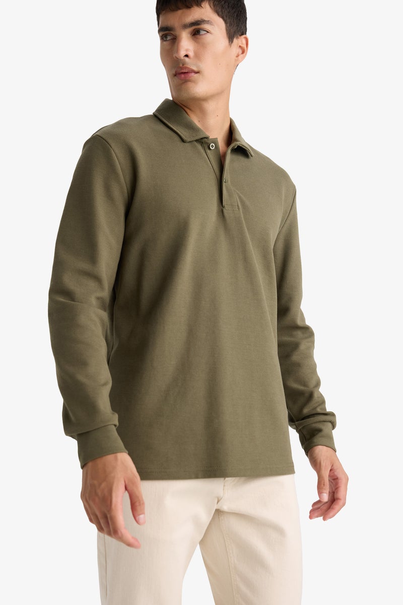 DeFacto Green Man Regular Fit Waffle Polo Collar Long Sleeve Sweatshirt Casual - Image 3